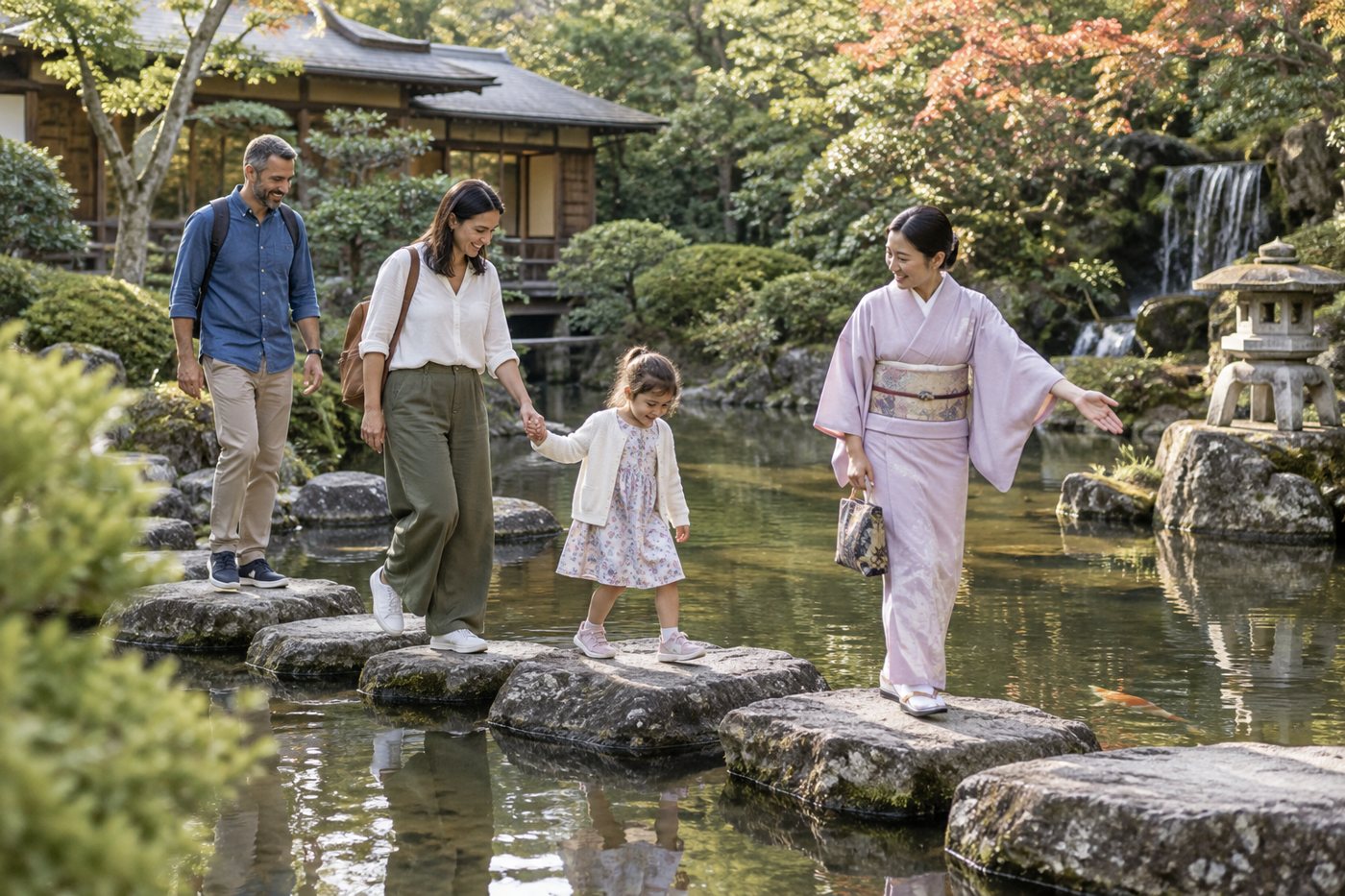 ガイドと日本庭園を歩く家族の生成イメージ
