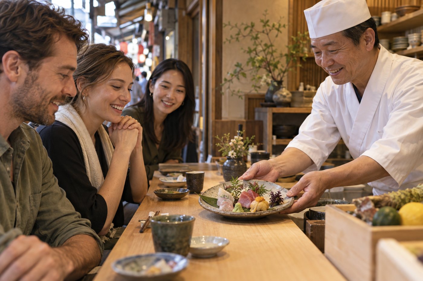 市場で料理を楽しむ旅行者の生成イメージ