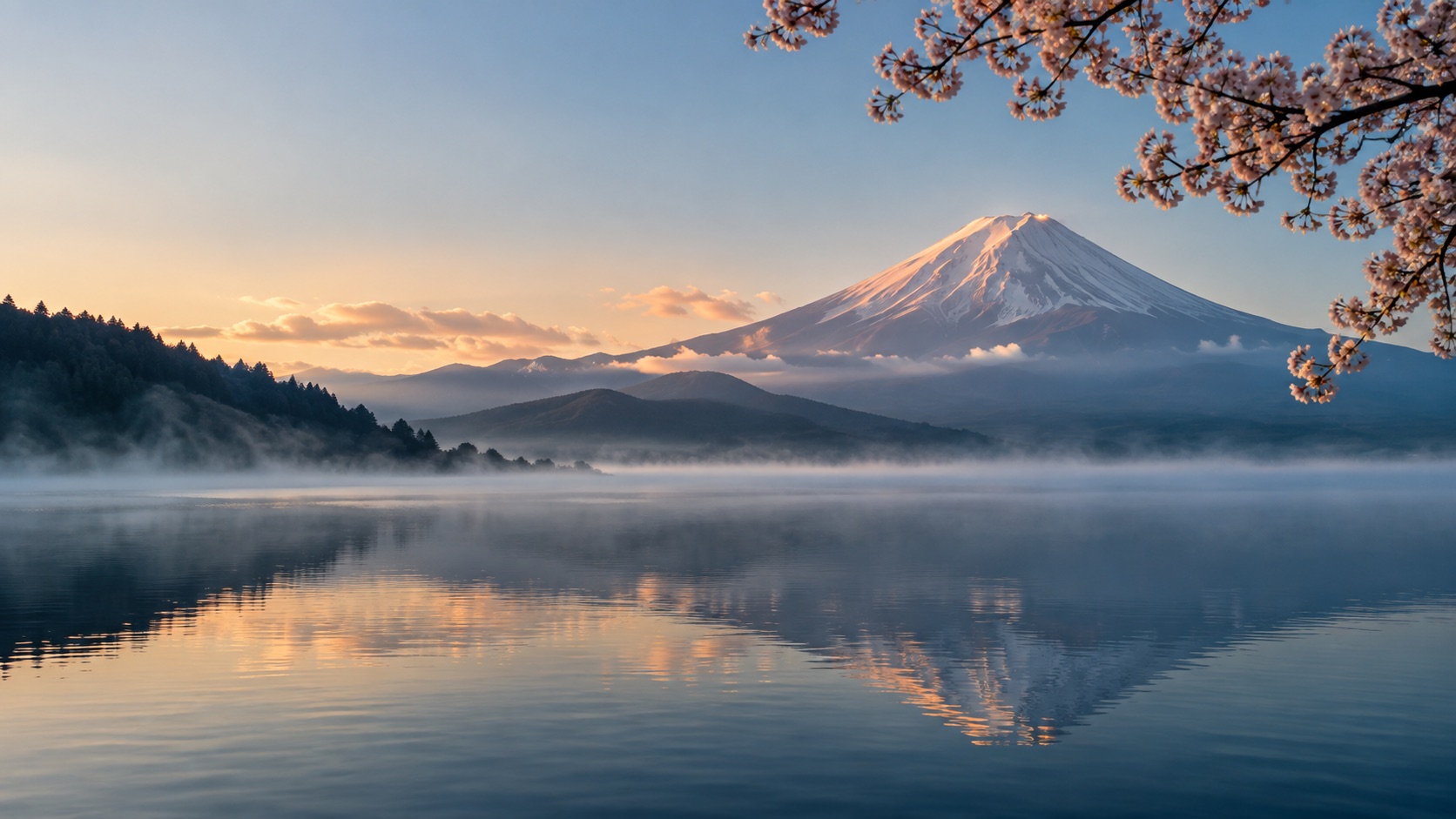 AI-generated impression of Mount Fuji and a lake at dawn