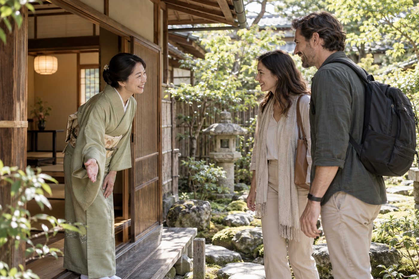 日本の茶室で迎えられる旅行者の生成イメージ