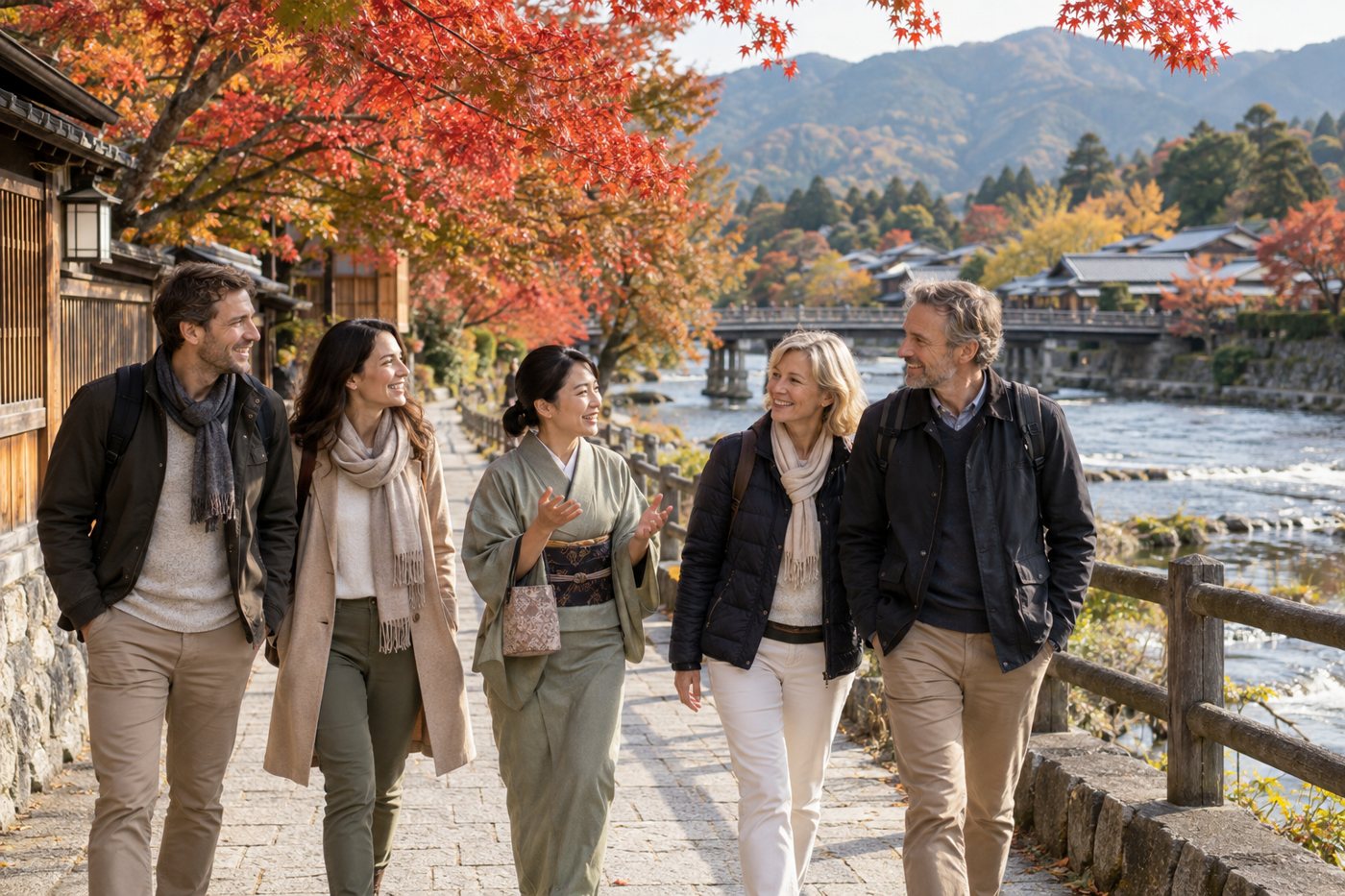 紅葉の街をガイドと巡る旅行者の生成イメージ