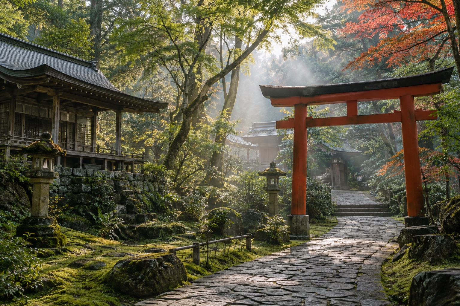 AI-generated impression of a torii in a green garden