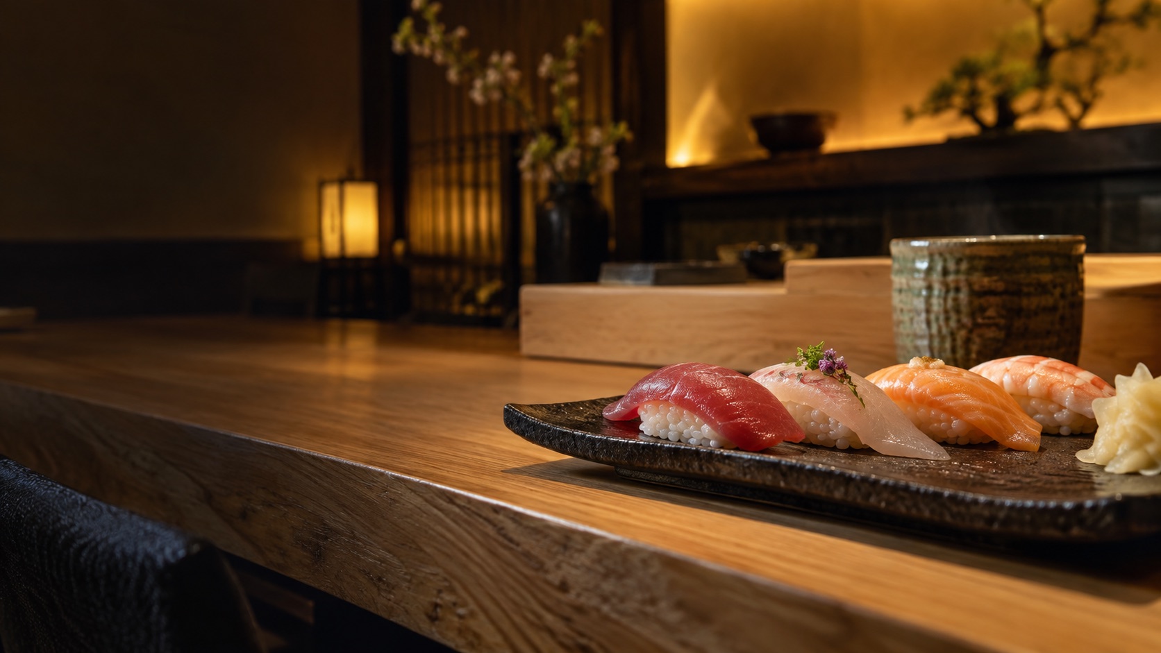 AI-generated impression of sushi at a Japanese counter