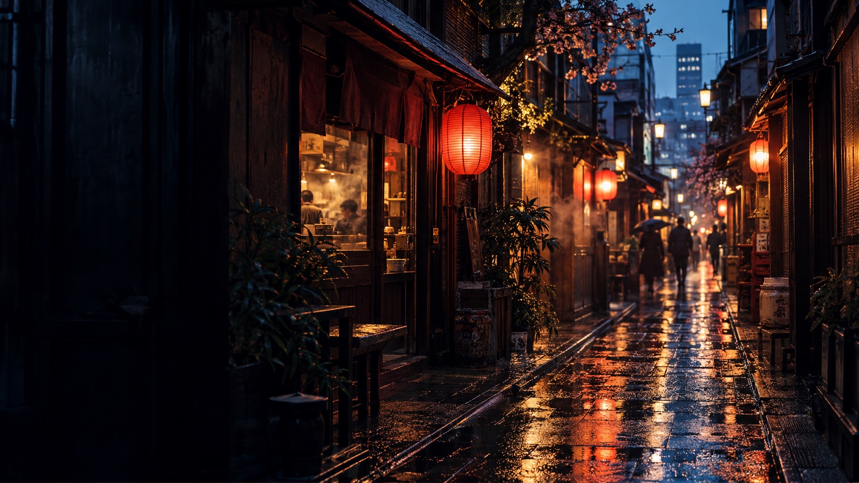 AI-generated impression of a lantern-lit Tokyo alley