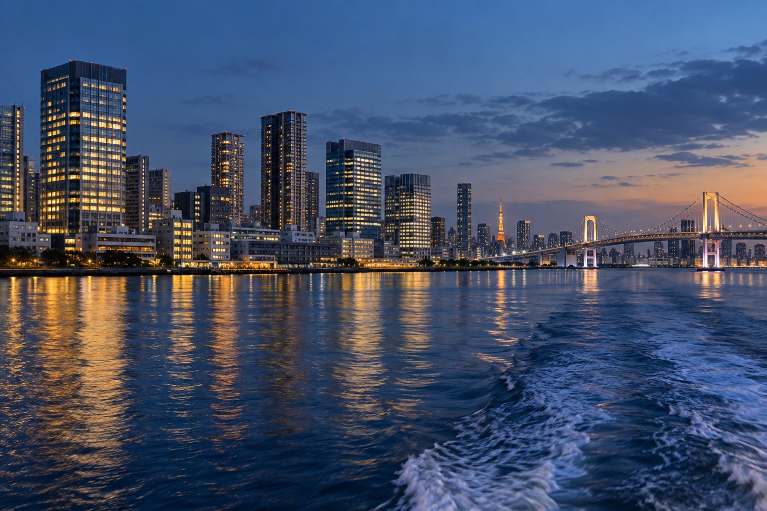 AI-generated Tokyo waterfront at dusk